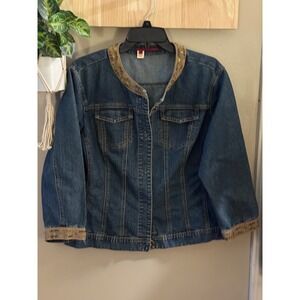 Tapemeasure Woman Denim Jacket Embellished Collar Cuffs Snap Front Plus Size 1X